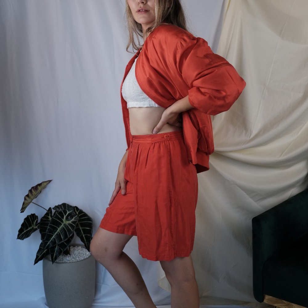 Vintage 100% Silk Orange Bomber Jacket With Matching Shorts Carol Horn